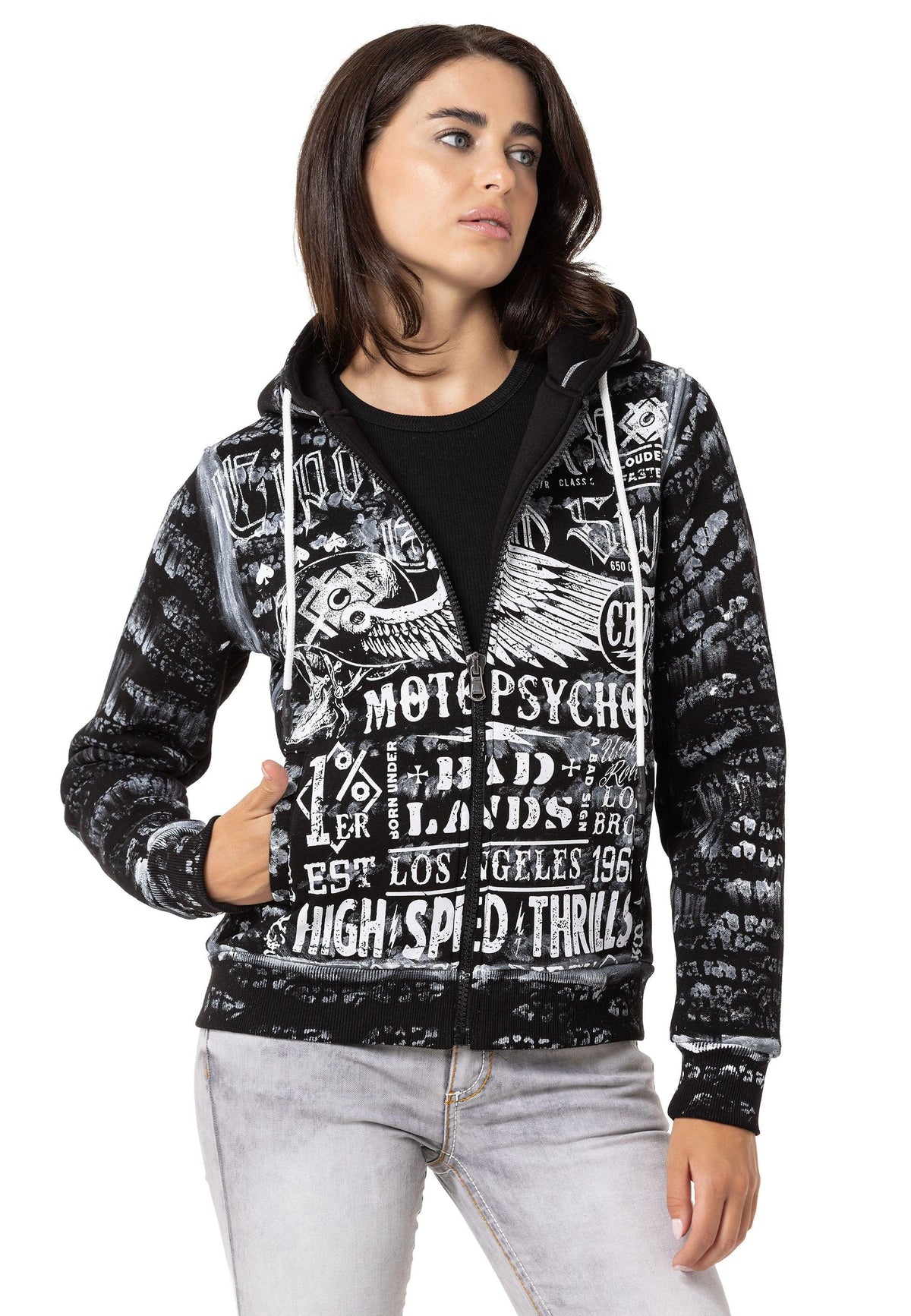 Kadın Grafik Baskılı Kapüşonlu Fermuarlı Sweatshirt WL352