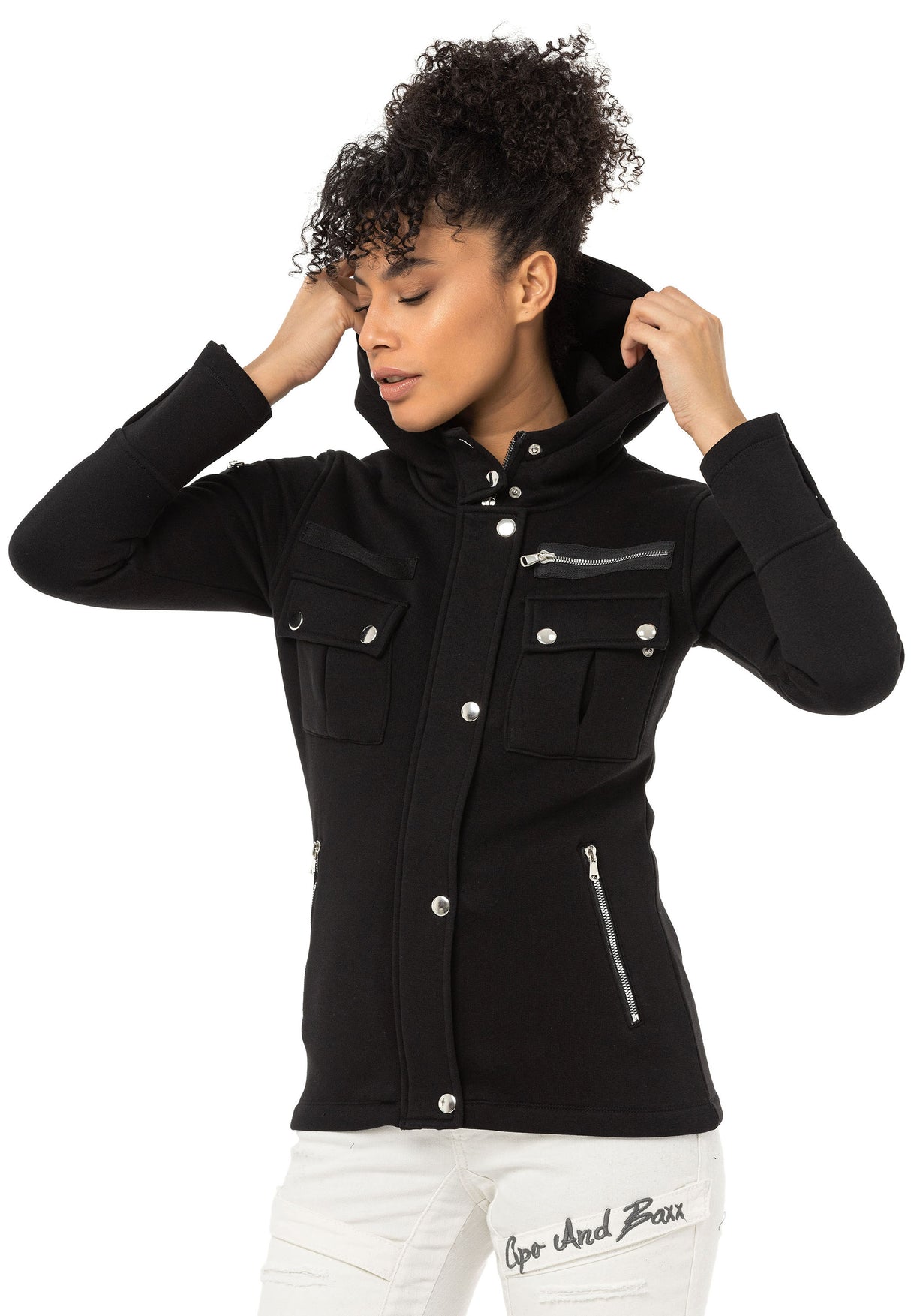 Kadın Siyah Kapüşonlu Fermuarlı Cep Detaylı Sweatshirt WL358