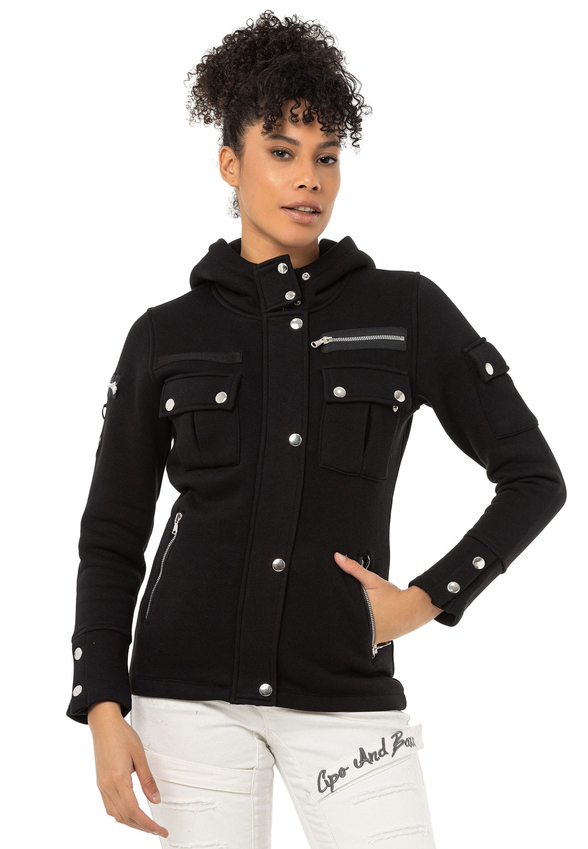 Kadın Siyah Kapüşonlu Fermuarlı Cep Detaylı Sweatshirt WL358