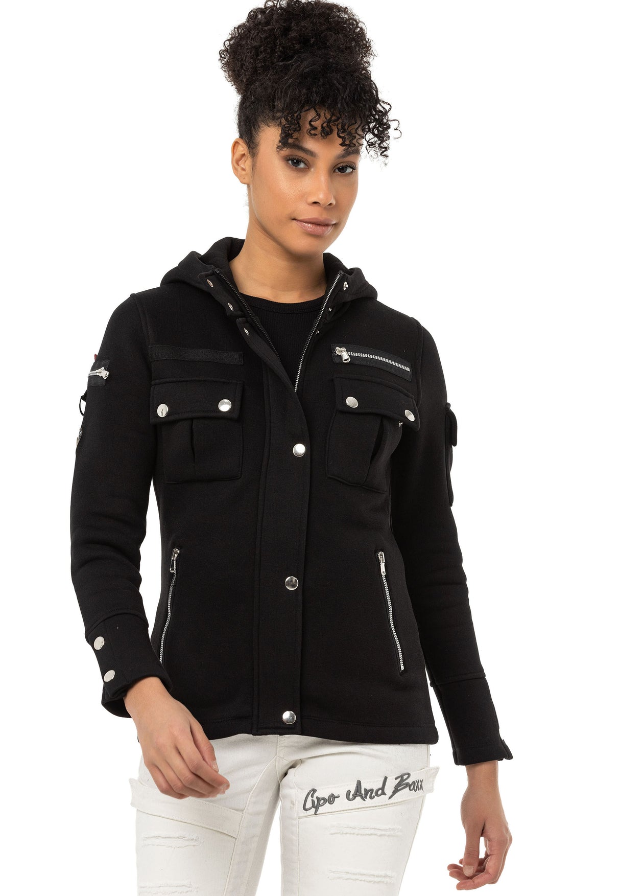 Kadın Siyah Kapüşonlu Fermuarlı Cep Detaylı Sweatshirt WL358