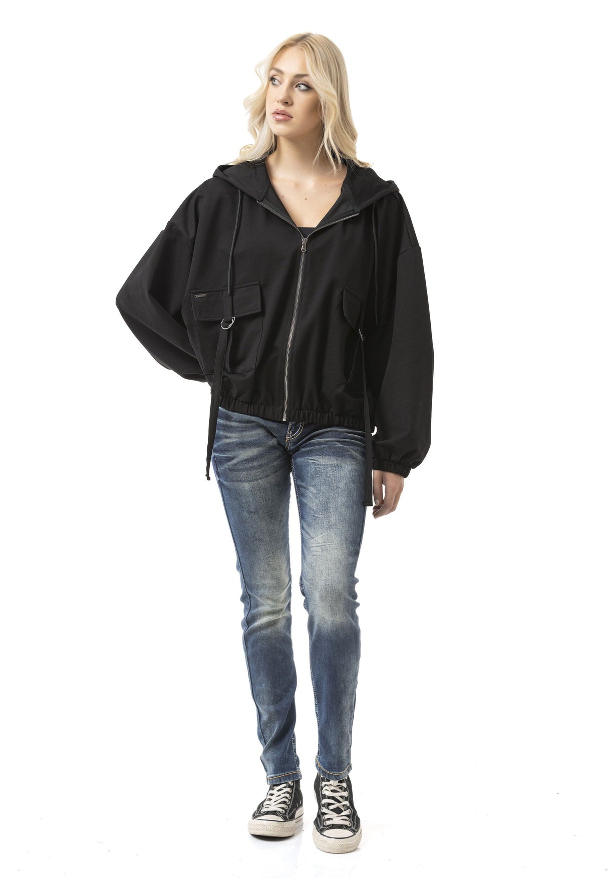 WL368 Kadın Kapüşonlu Sweatshirt- Siyah Fermuarlı Kapüşonlu, Kullanışlı Cepler ve Oversize Kalıp