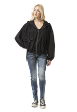 Kadın Kapüşonlu Sweatshirt- Siyah Fermuarlı Kapüşonlu, Kullanışlı Cepler ve Oversize Kalıp WL368