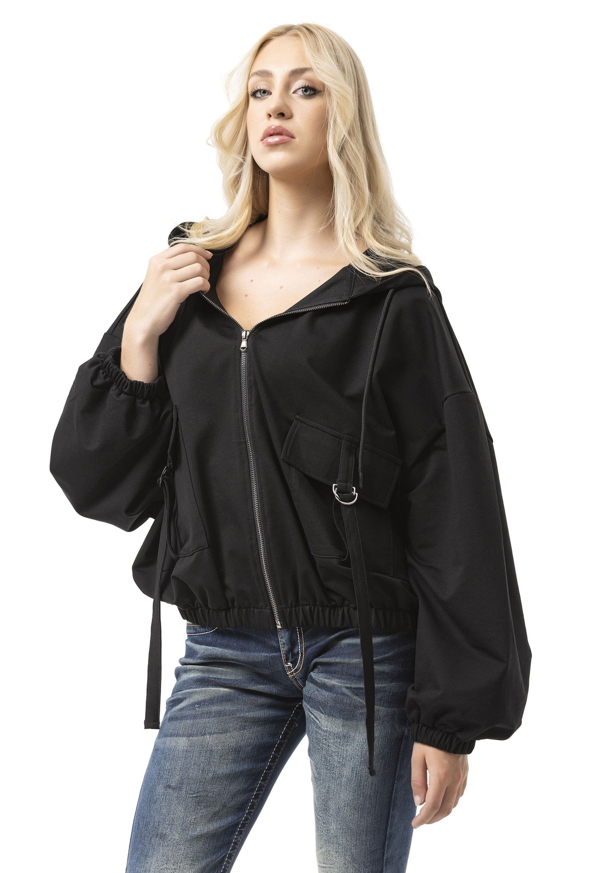 Kadın Kapüşonlu Sweatshirt- Siyah Fermuarlı Kapüşonlu, Kullanışlı Cepler ve Oversize Kalıp WL368