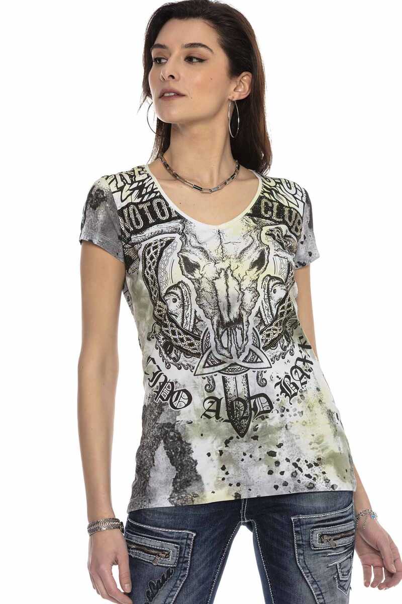 Kadın V Yaka Kısa Kollu Taşlı Ve Baskılı Regular Fit Kadın Tişört WT301
