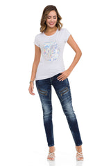 Kadın Regular Fit Taşlı Gümüş Baskılı Tişört WT342