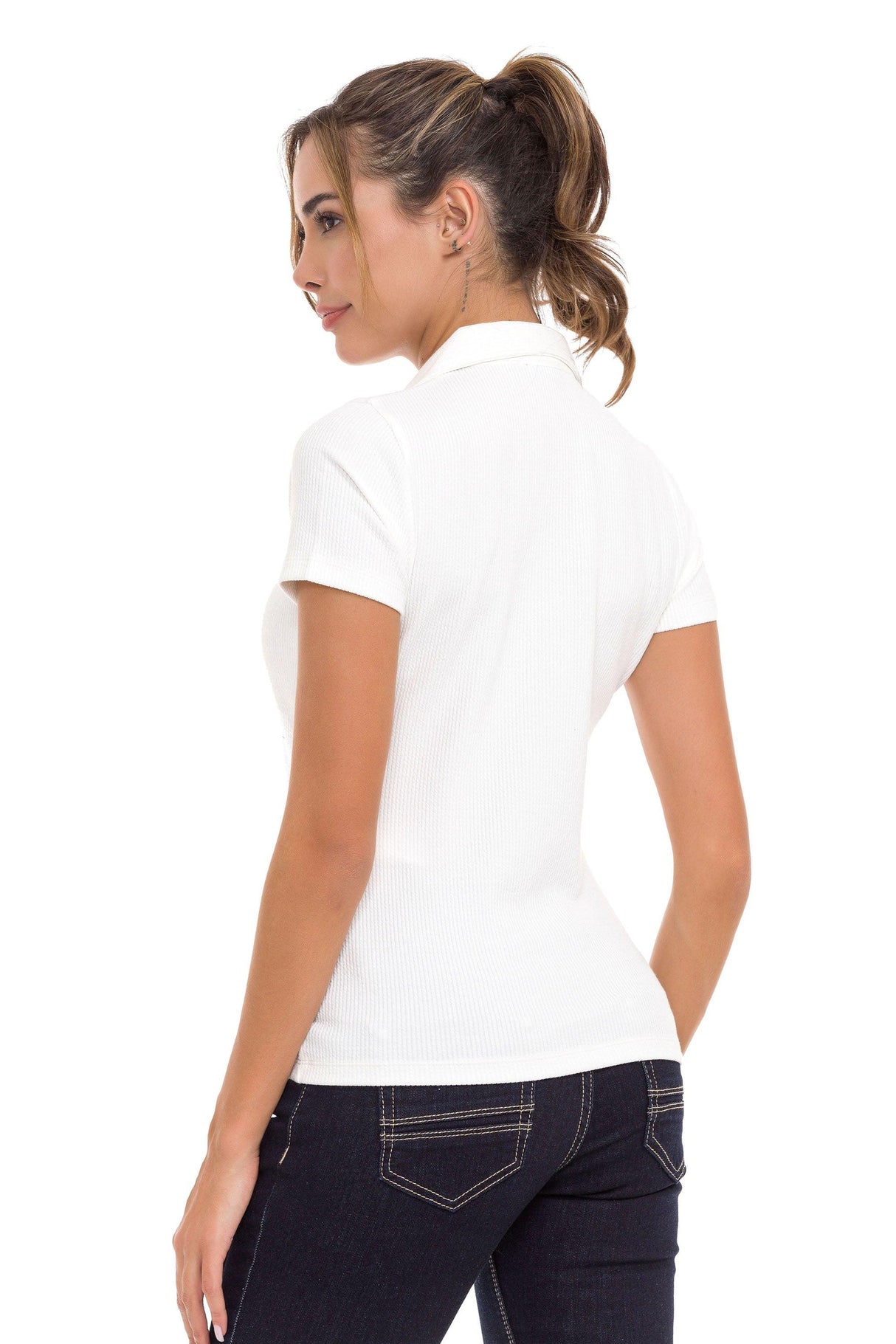 WT361 Çizgi Dokulu Düz Yaka Basic Kadın Tişört