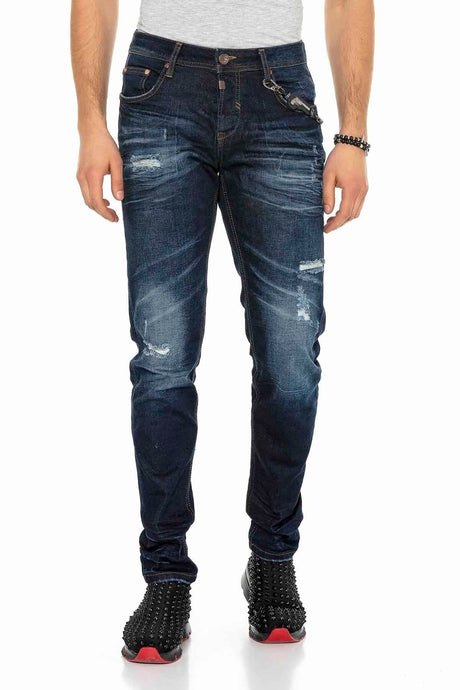 CD392 Zincirli Yırtık Dar Paça Lacivert Erkek Jeans